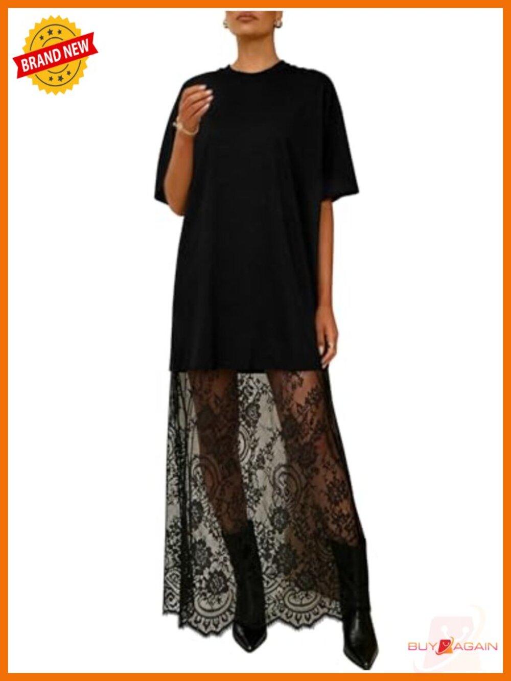 Womens Maxi Dress Short Sleeve Crewneck Lace Patchwork T Shirt Dress